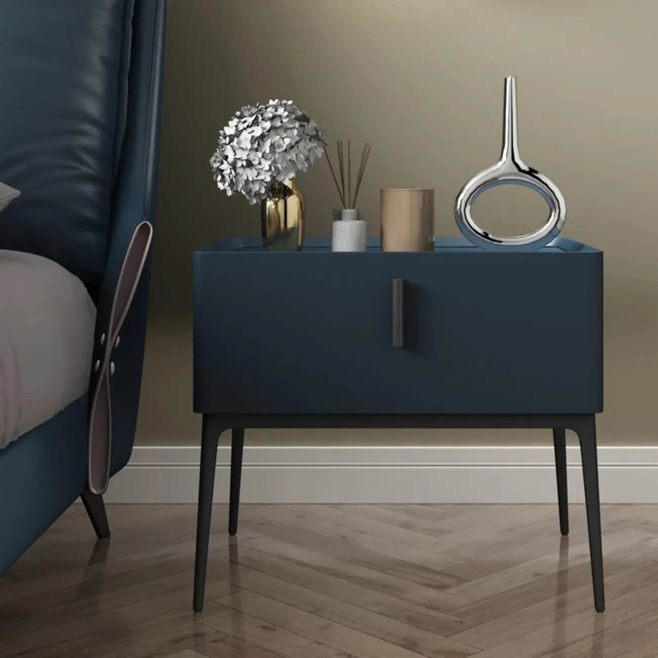 Contemporary Beige Faux Leather 4-Leg Drawer Nightstand Image - 6 | homeyfad