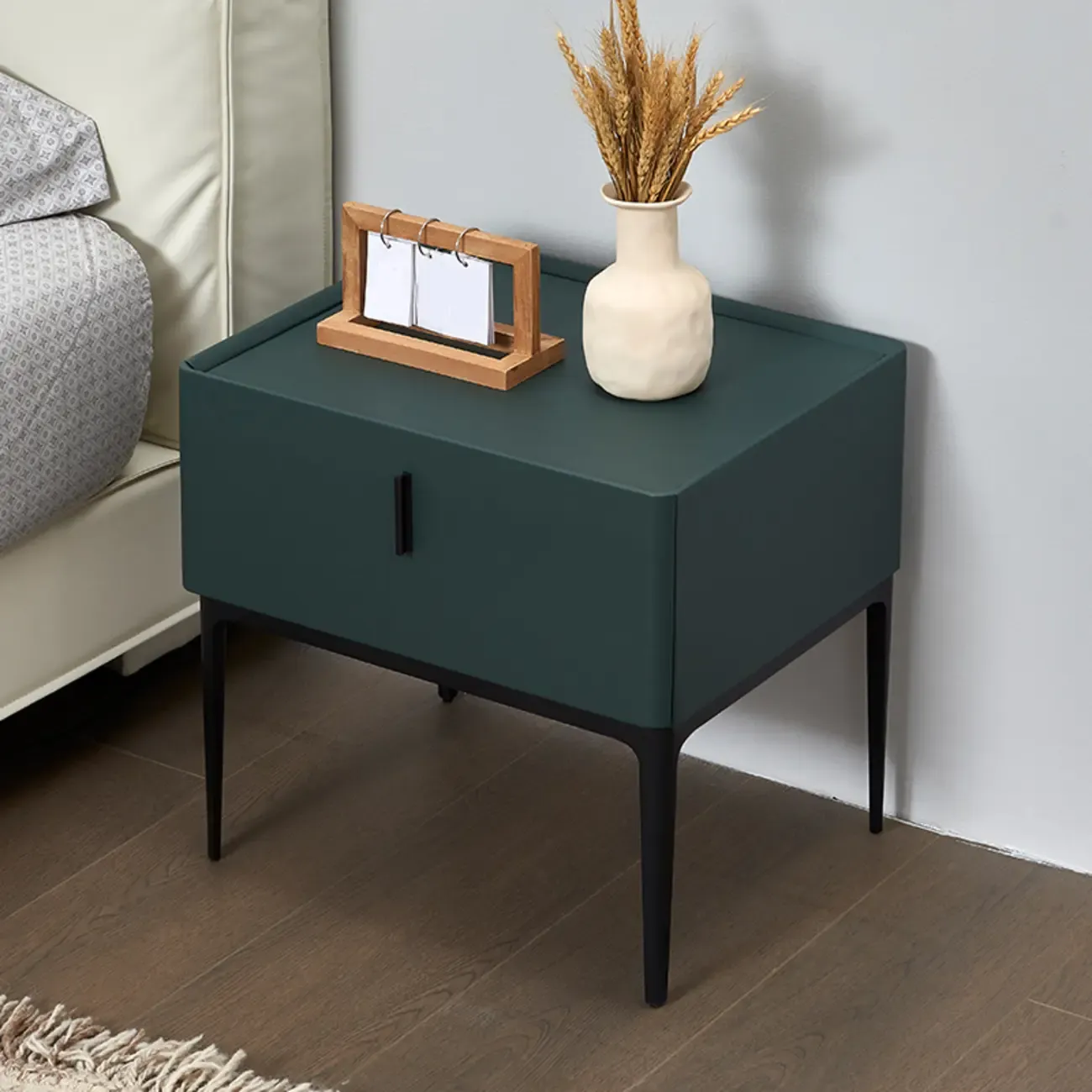 Contemporary Beige Faux Leather 4-Leg Drawer Nightstand Image - 4