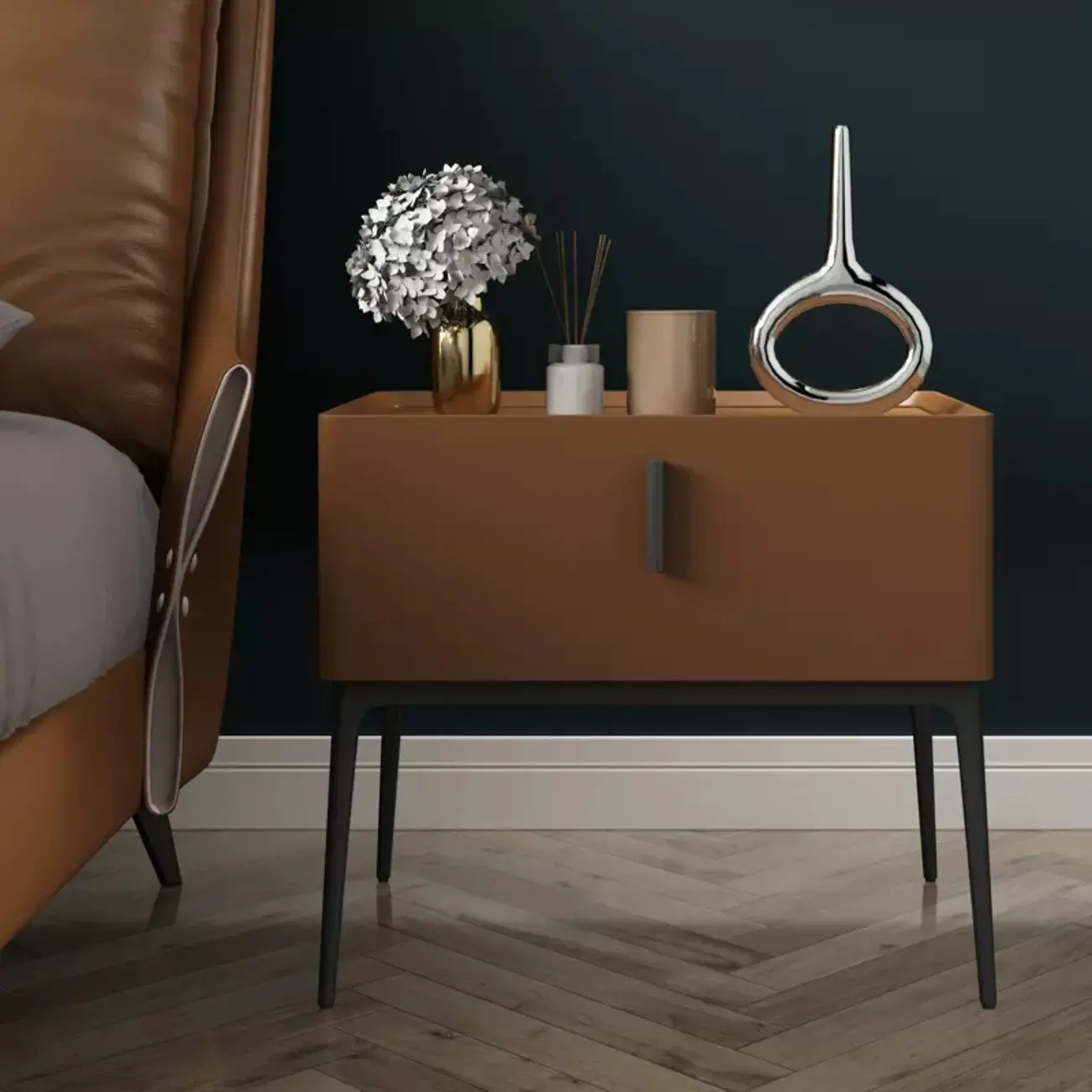 Contemporary Beige Faux Leather 4-Leg Drawer Nightstand Image - 8 | homeyfad