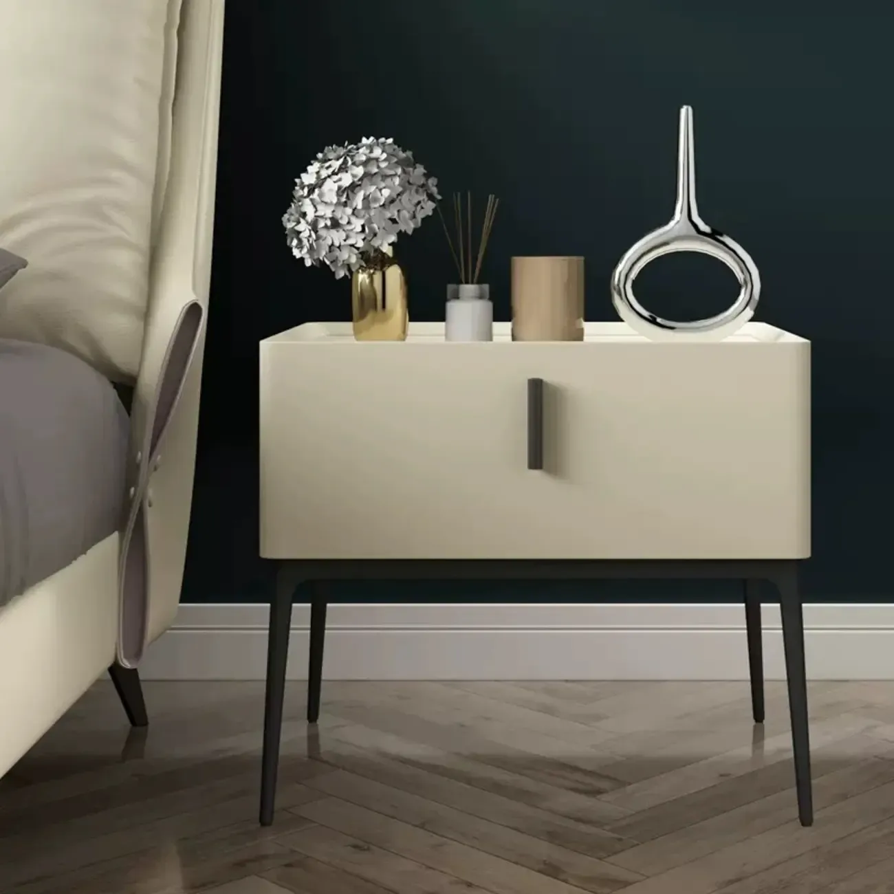 Contemporary Beige Faux Leather 4-Leg Drawer Nightstand Image - 1