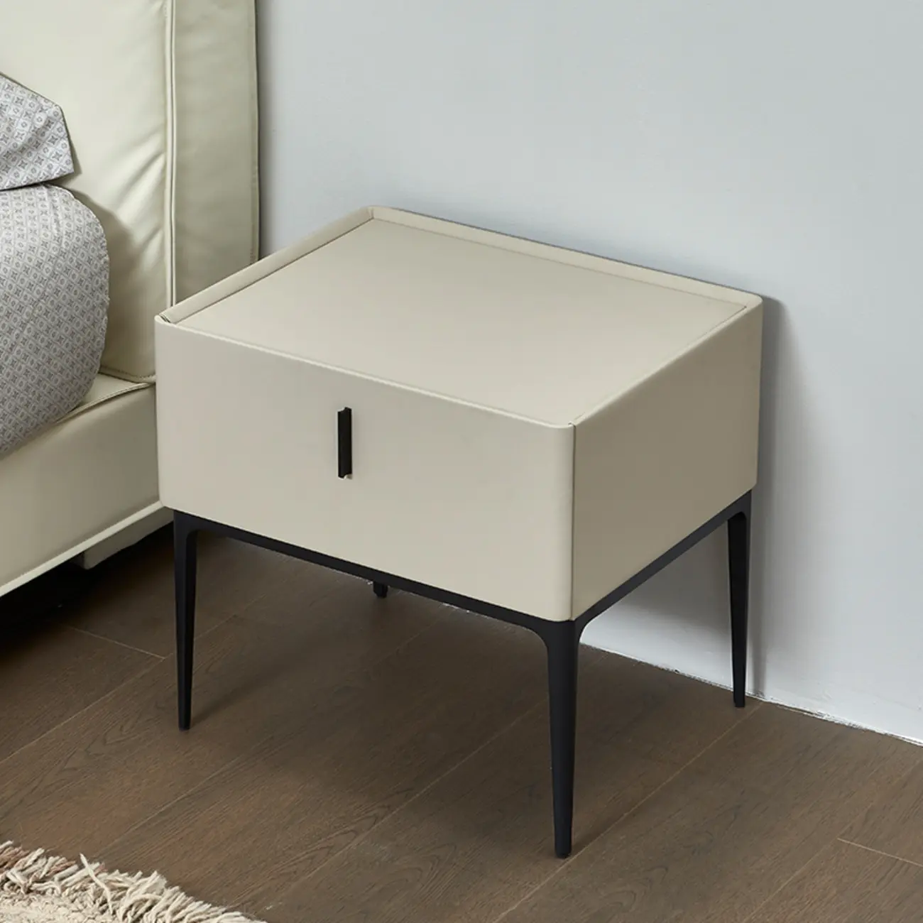 Contemporary Beige Faux Leather 4-Leg Drawer Nightstand Image - 2 | homeyfad