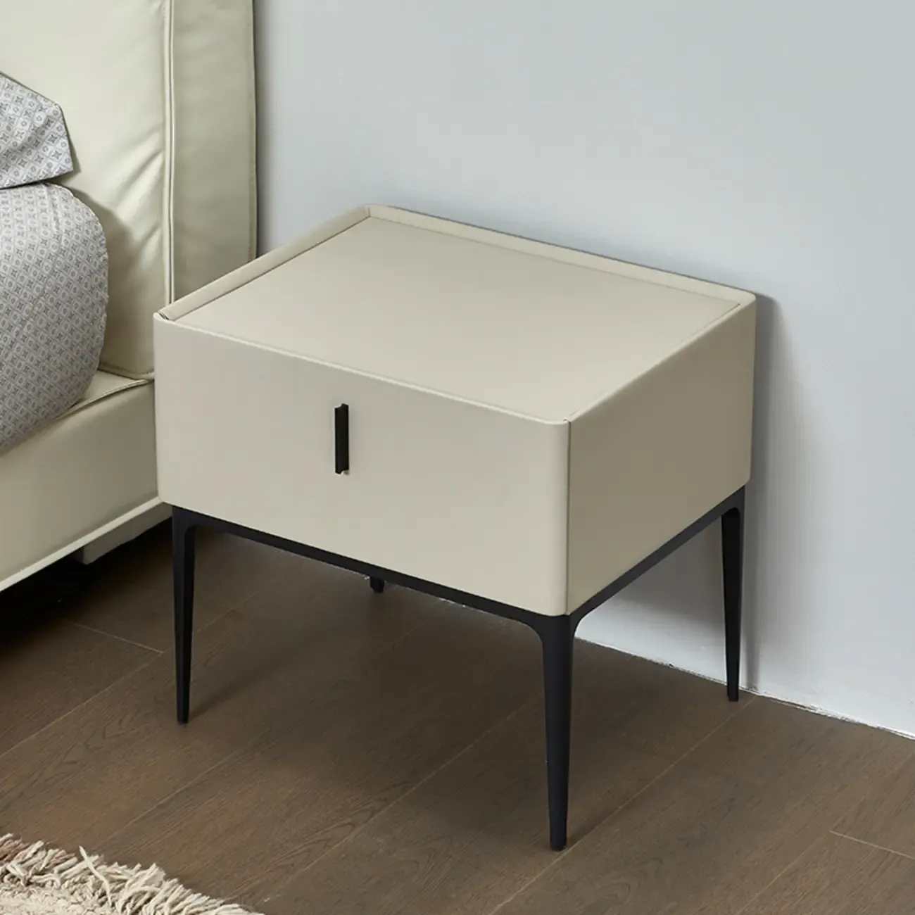 Contemporary Beige Faux Leather 4-Leg Drawer Nightstand Image - 2