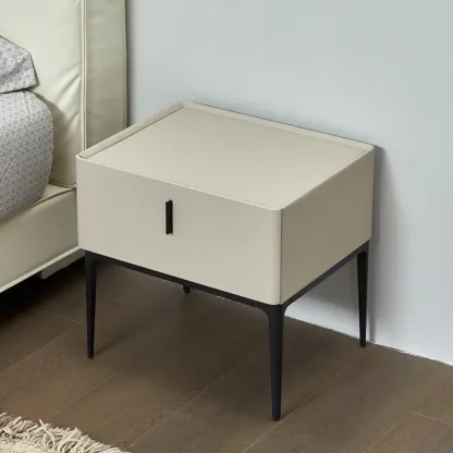 Contemporary Beige Faux Leather 4-Leg Drawer Nightstand Image - 2