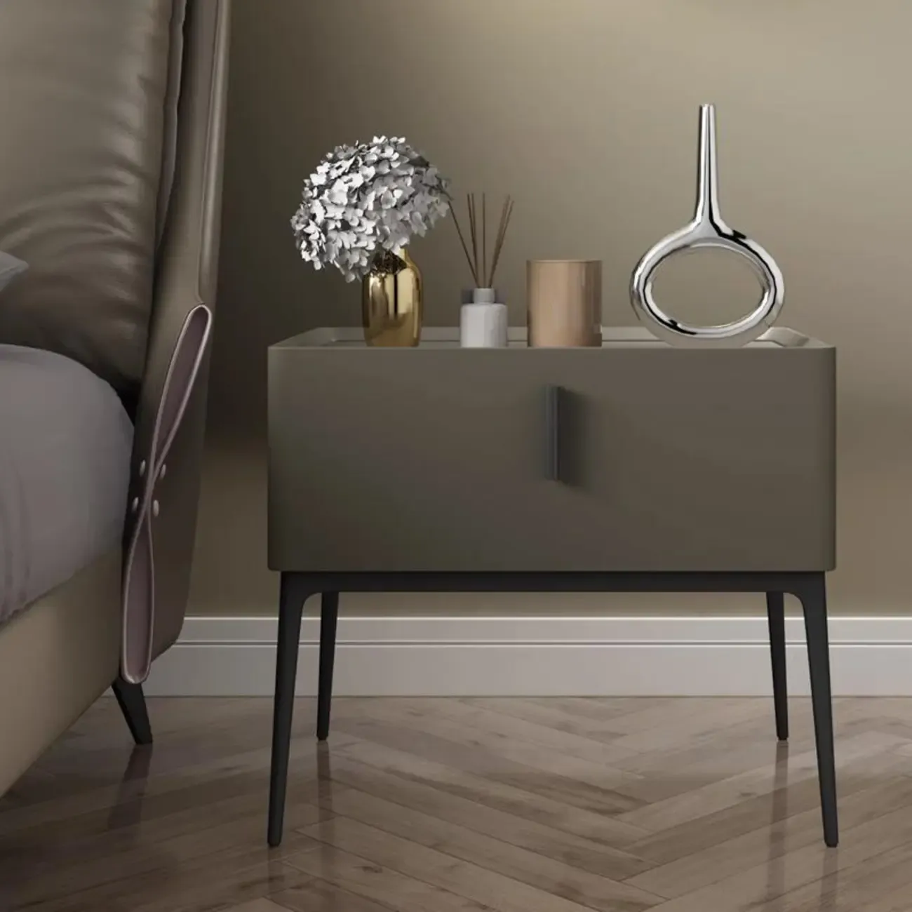 Contemporary Beige Faux Leather 4-Leg Drawer Nightstand Image - 7