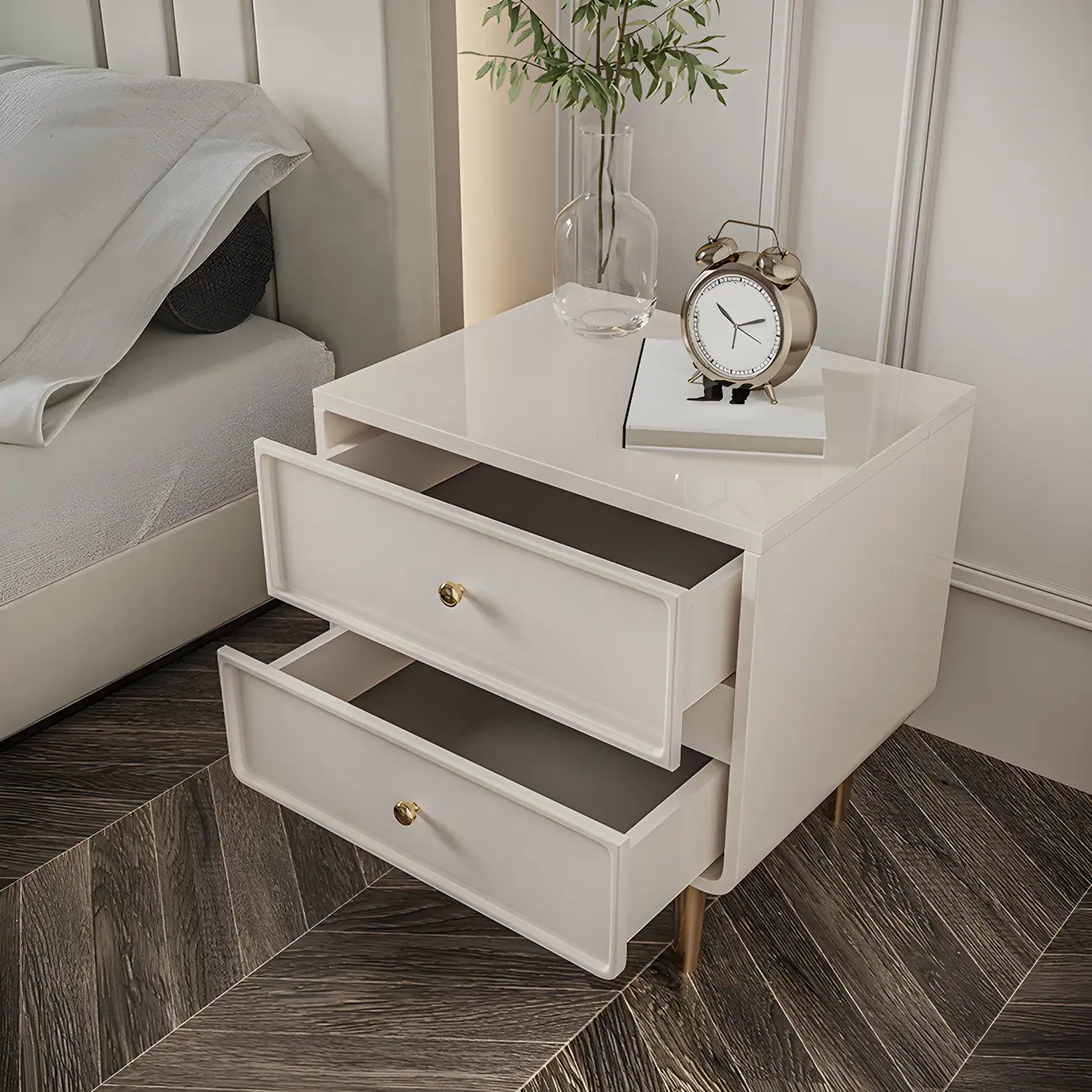 Glossy White Stone-Top Metal Legs Nightstand with Drawers Image - 1 | homeyfad