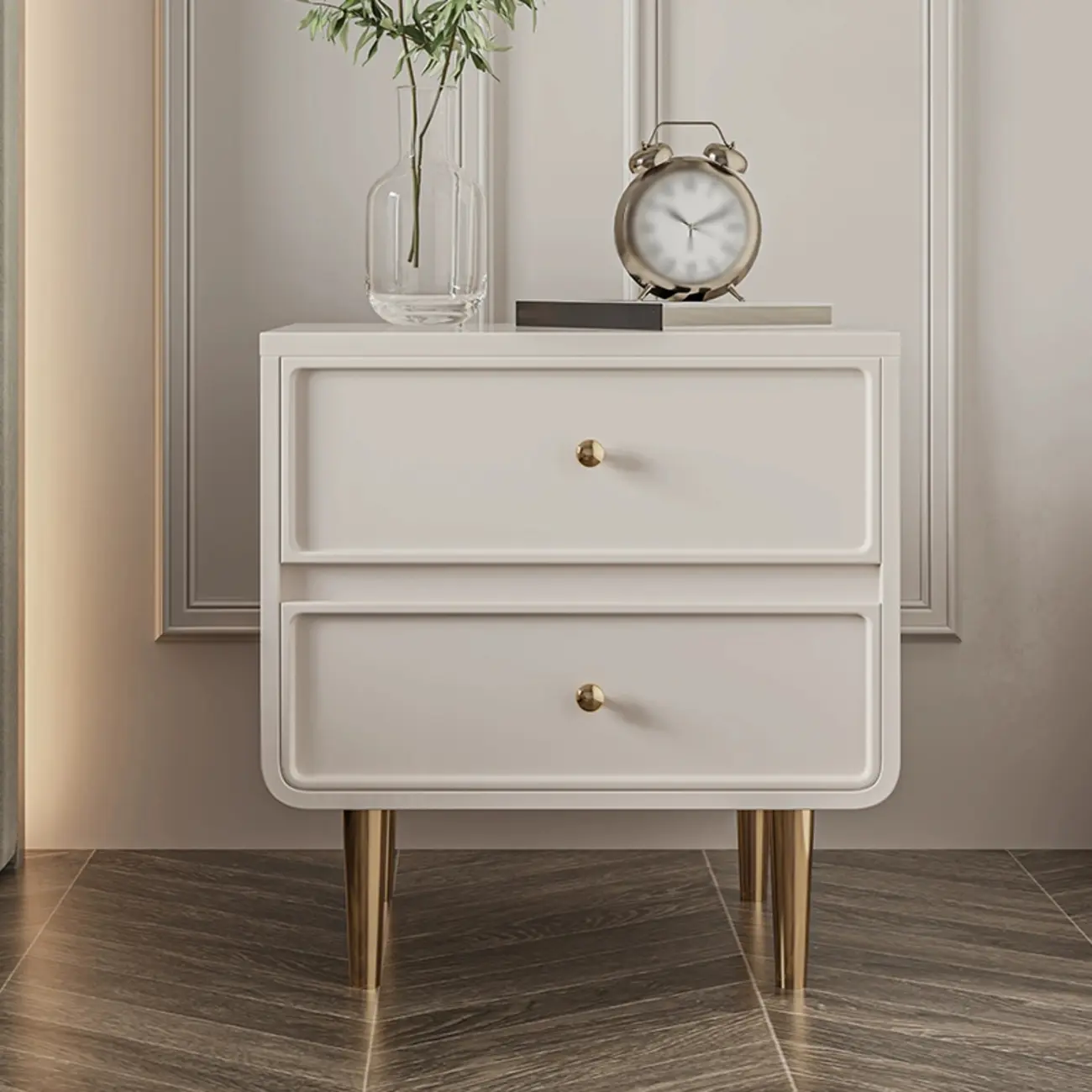 Glossy White Stone-Top Metal Legs Nightstand with Drawers Image - 2 | homeyfad