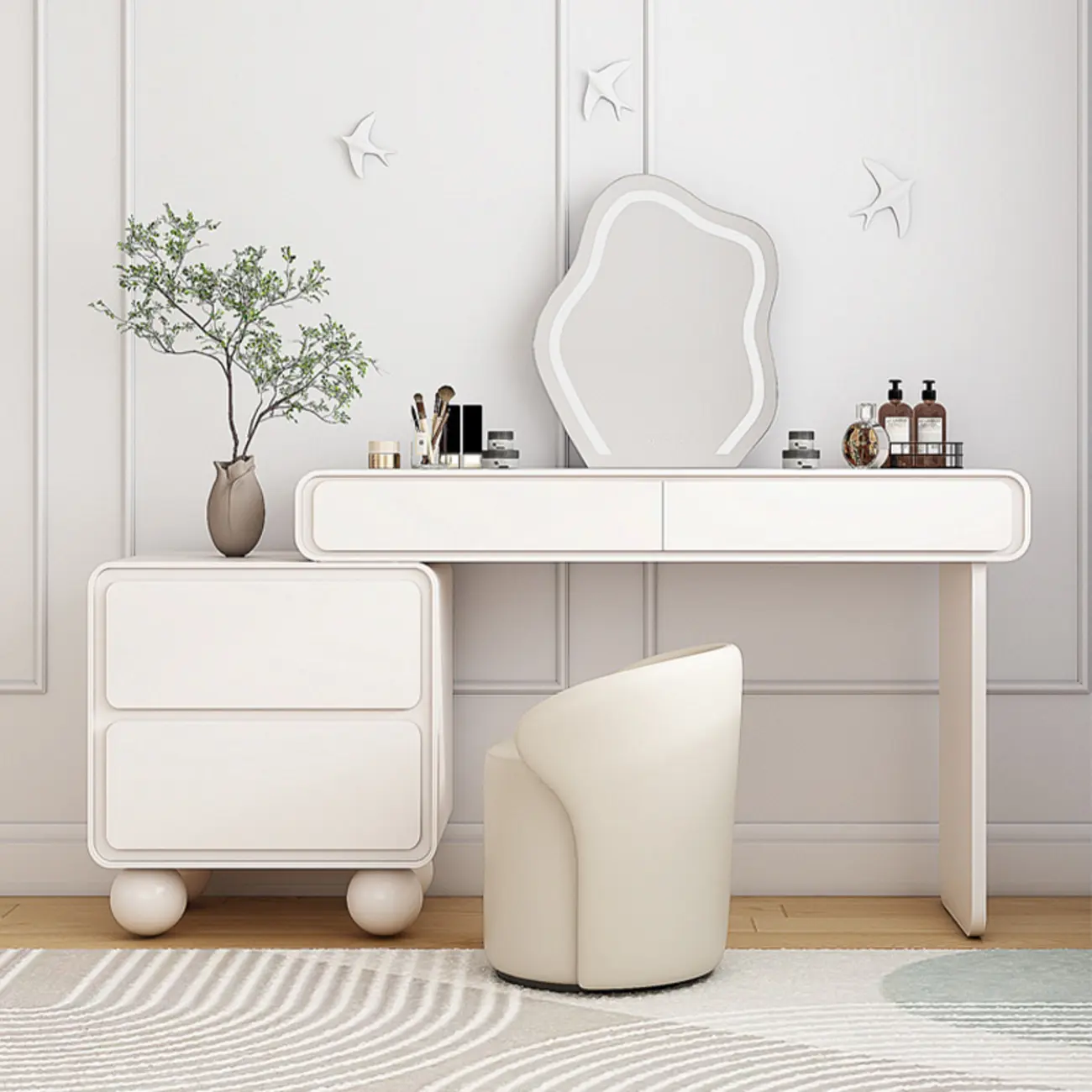 Simple Wood White Makeup Vanity with Stool Image - 1 | homeyfad