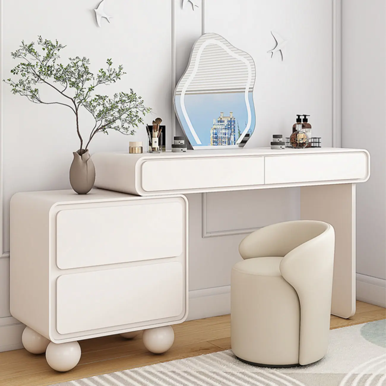 Simple Wood White Makeup Vanity with Stool Image - 2 | homeyfad