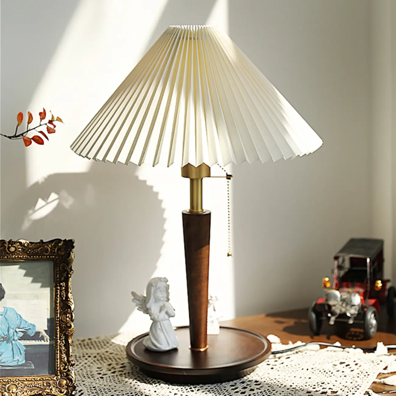 Small Walnut Wood Fabric Umbrella Table Lamp for Bedroom Image - 8 | homeyfad