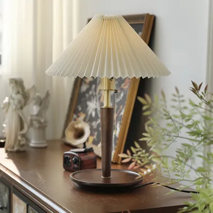 Small Walnut Wood Fabric Umbrella Table Lamp for Bedroom Image - 2