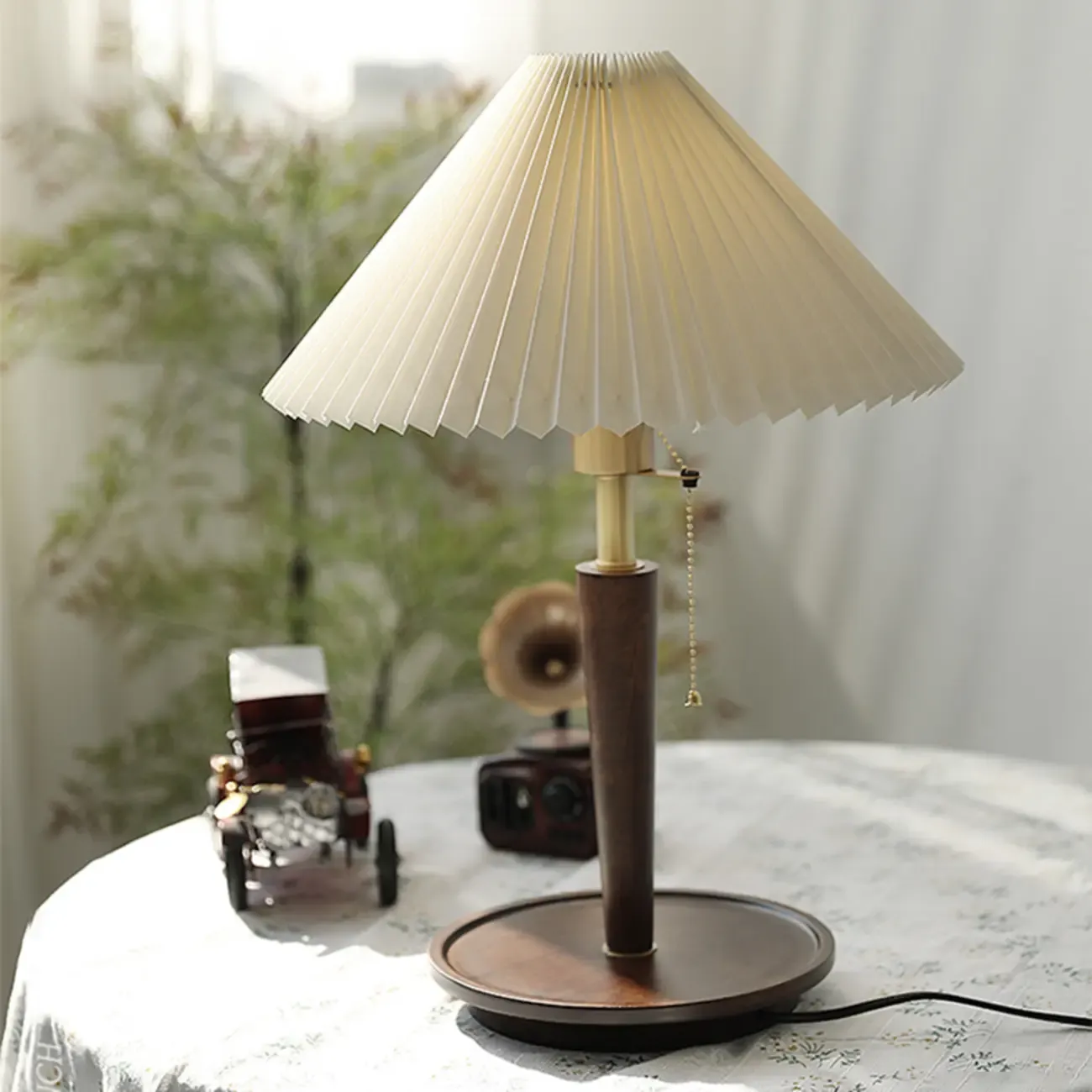 Small Walnut Wood Fabric Umbrella Table Lamp for Bedroom Image - 10
