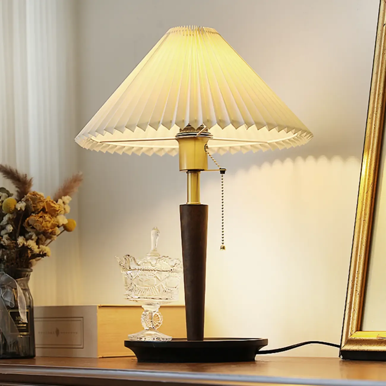 Small Walnut Wood Fabric Umbrella Table Lamp for Bedroom Image - 1