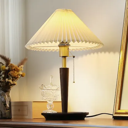 Small Walnut Wood Fabric Umbrella Table Lamp for Bedroom Image - 1