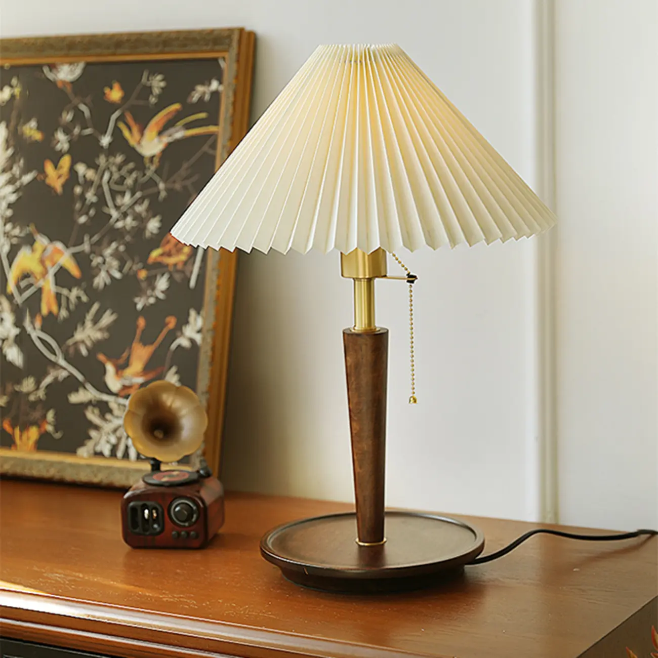 Small Walnut Wood Fabric Umbrella Table Lamp for Bedroom Image - 3 | homeyfad