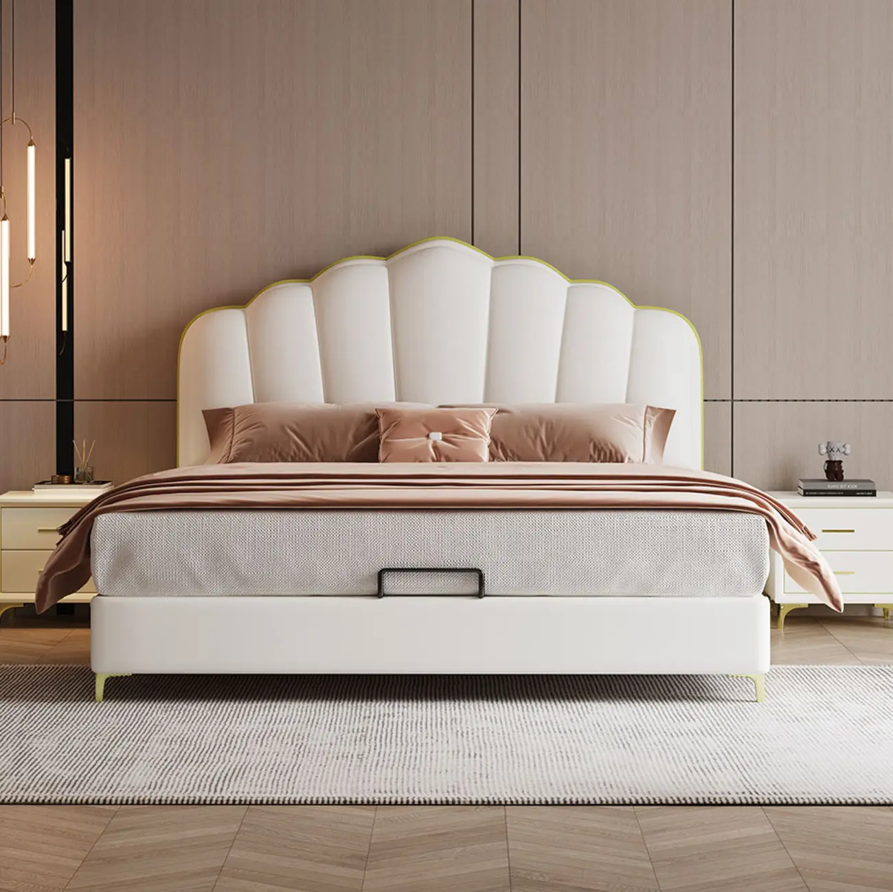 Luxurious Leather Lift-Up Storage Bed with Shell Shape Headboard Image - 1 | homeyfad