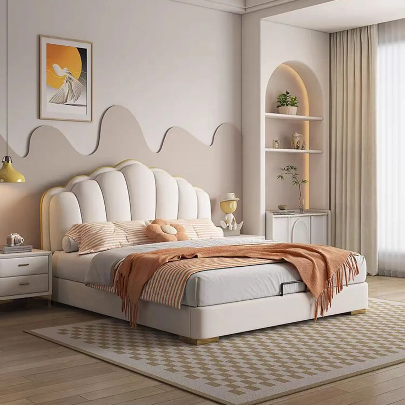 Luxurious Leather Lift-Up Storage Bed with Shell Shape Headboard Image - 2 | homeyfad