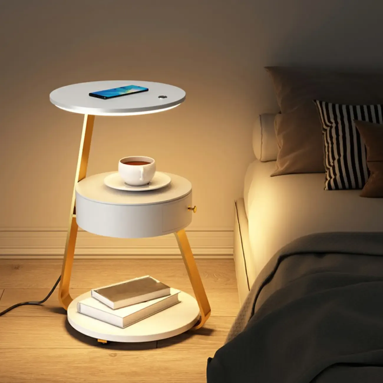 Lighting 3-Tier Faux Marble Top Open Storage Nightstand Image - 4