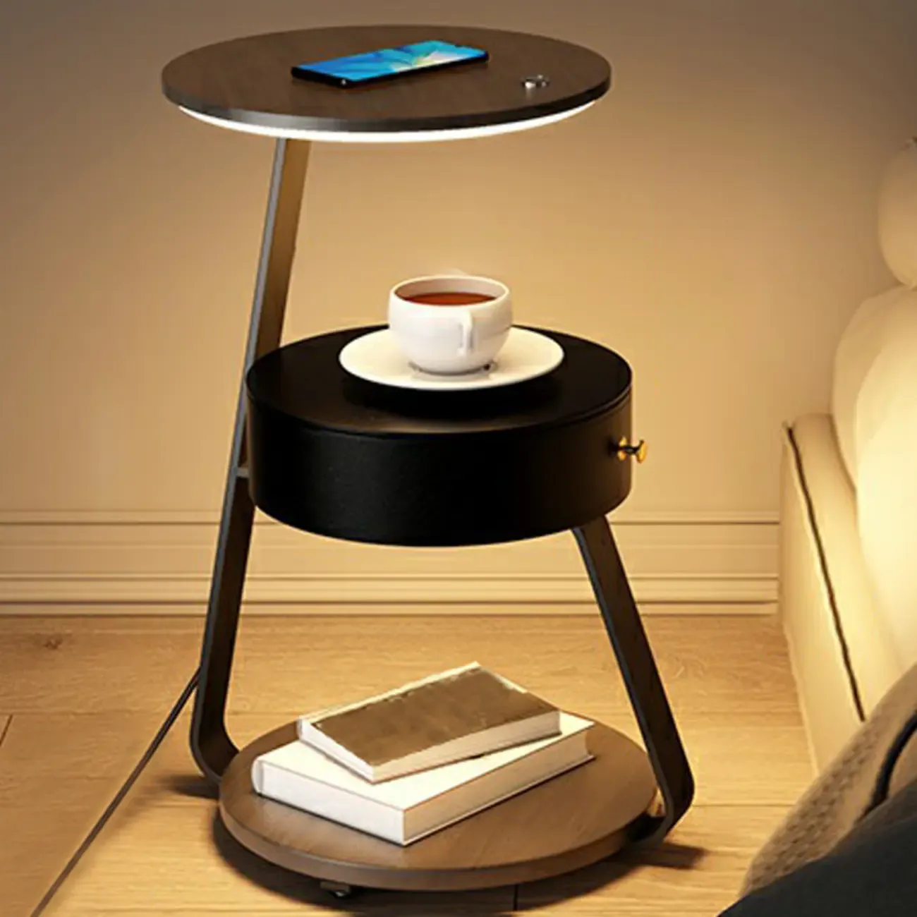 Lighting 3-Tier Faux Marble Top Open Storage Nightstand Image - 5