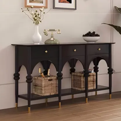 Rectangular Black Wood Console Table with Drawers Image - 1