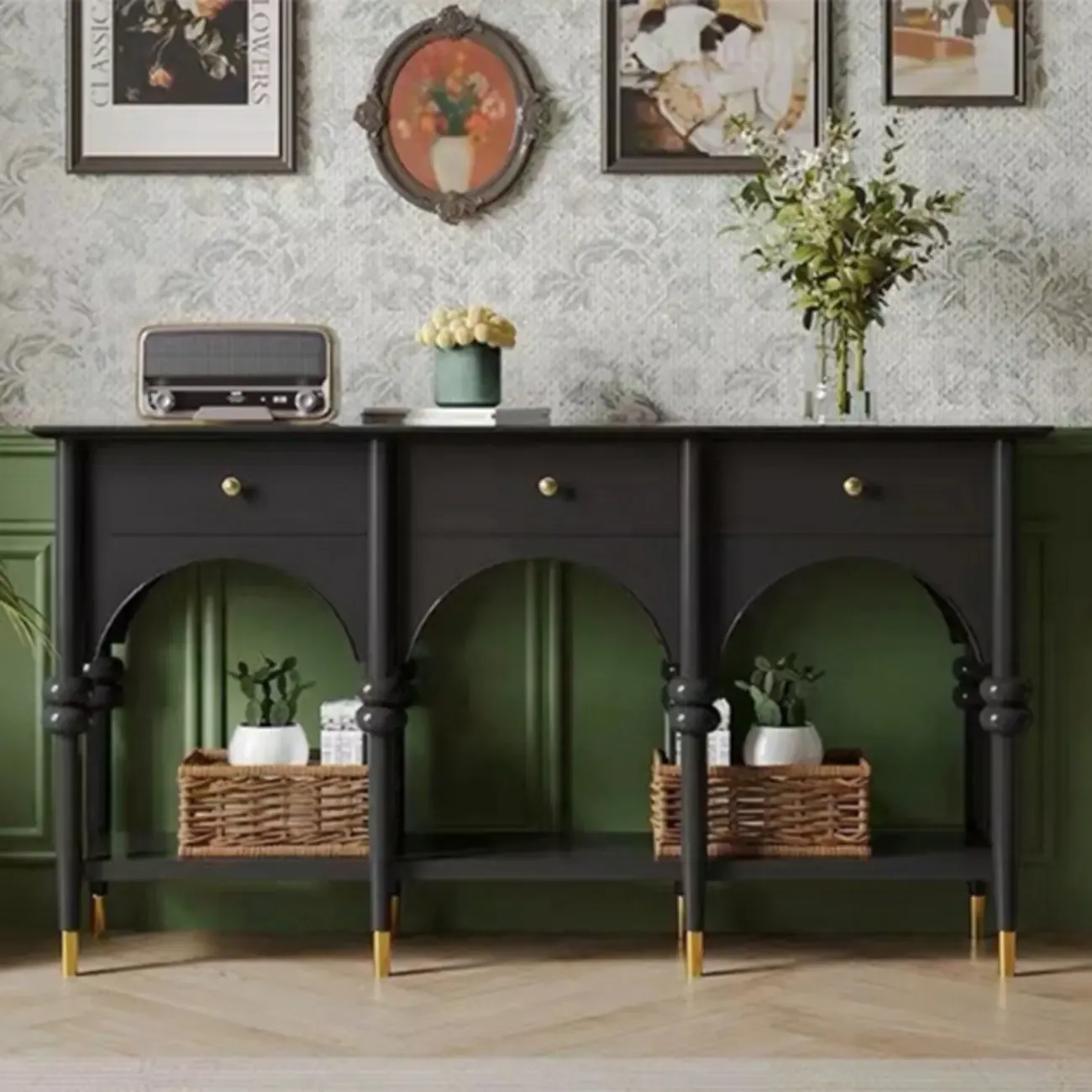 Rectangular Black Wood Console Table with Drawers Image - 3