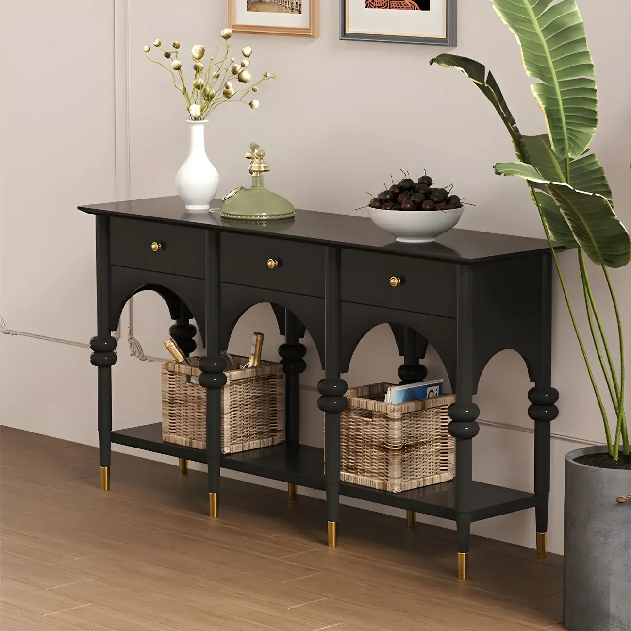Rectangular Black Wood Console Table with Drawers Image - 2
