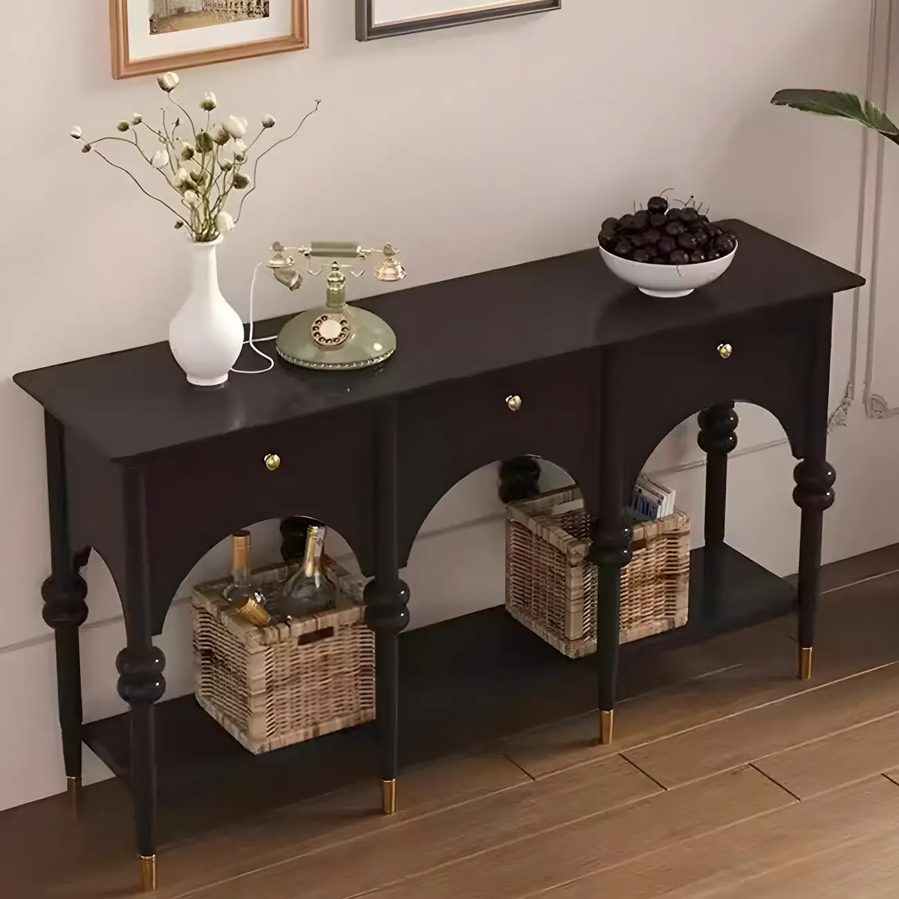 Rectangular Black Wood Console Table with Drawers Image - 4