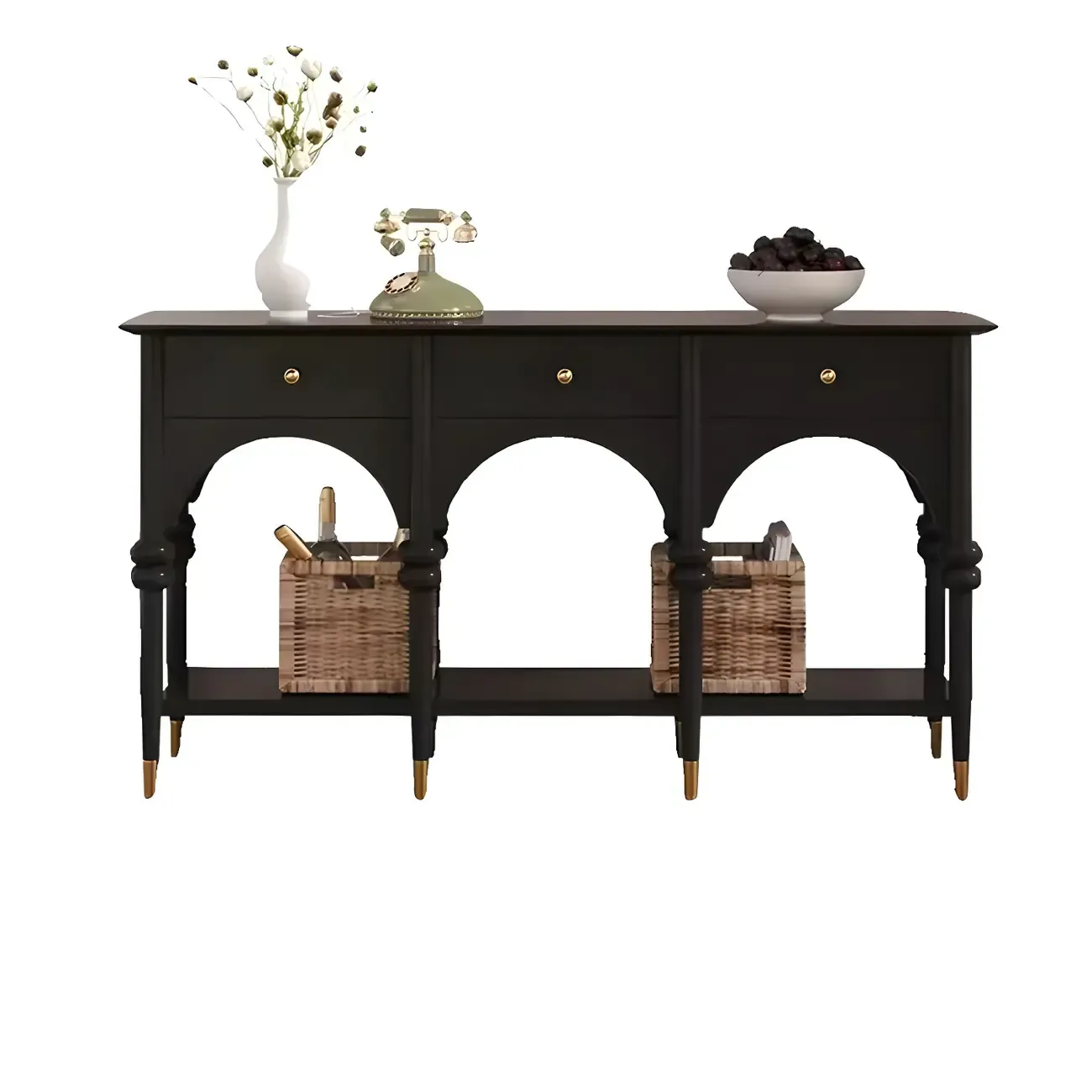 Rectangular Black Wood Console Table with Drawers Image - 9