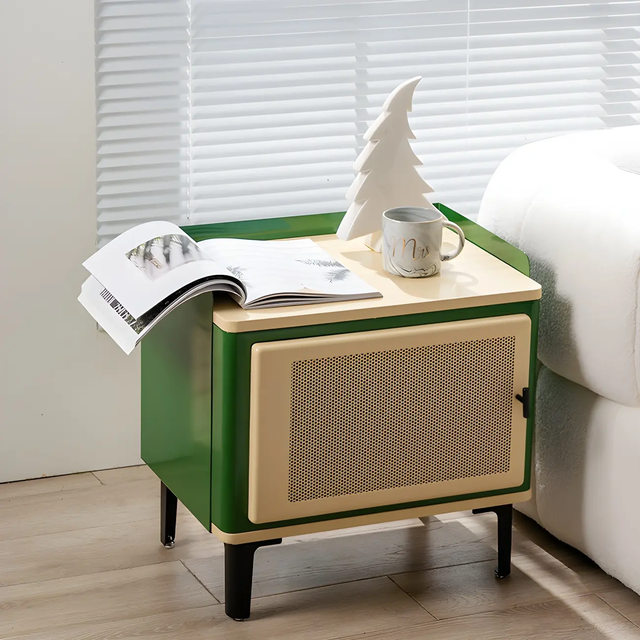 Compact Green Metal Cabinet Nightstand with Legs Image - 1 | homeyfad
