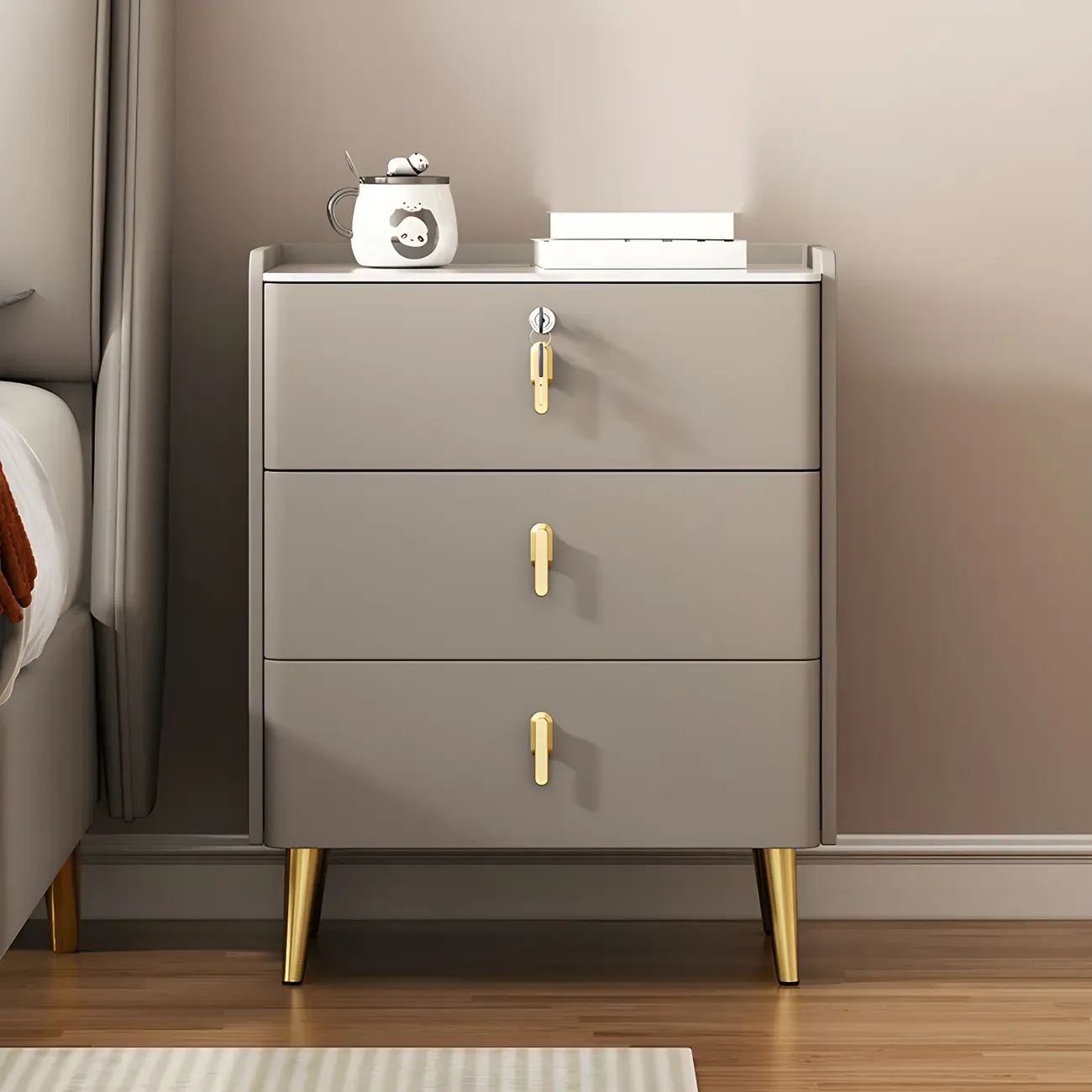 Modern Faux Leather 3 Drawers Nightstand with Stone Top Image - 11