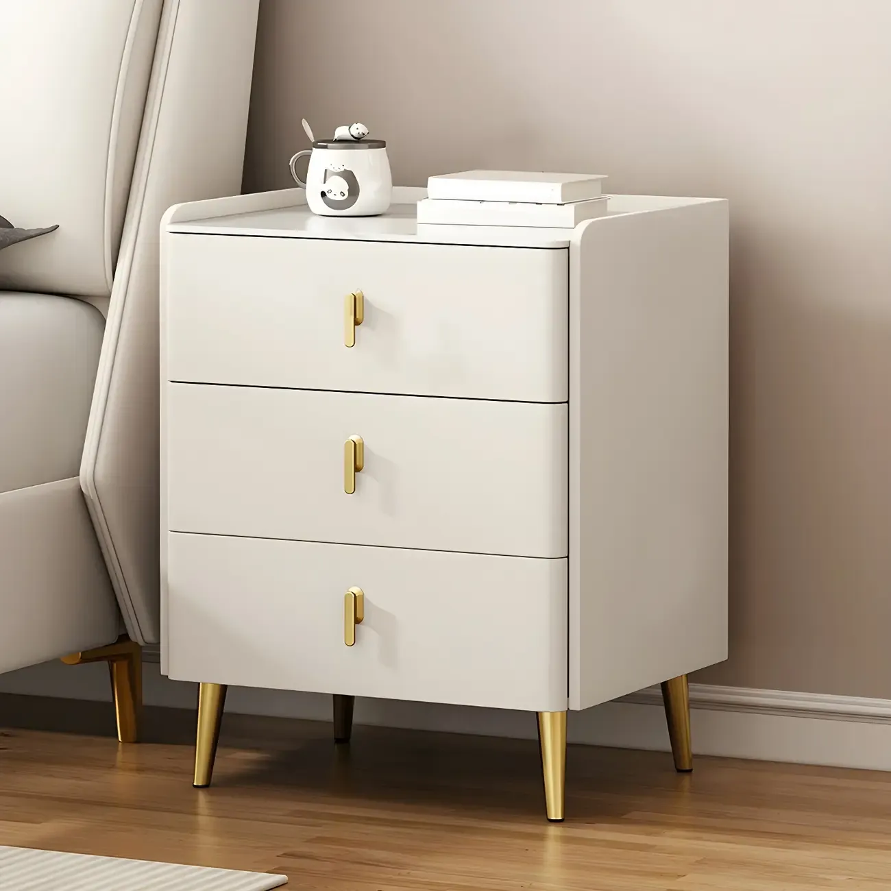 Modern Faux Leather 3 Drawers Nightstand with Stone Top Image - 5