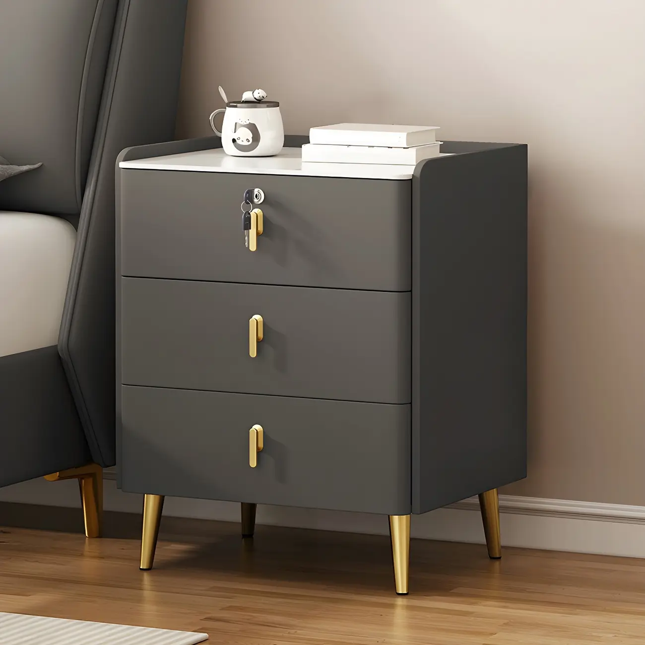 Modern Faux Leather 3 Drawers Nightstand with Stone Top Image - 7 | homeyfad