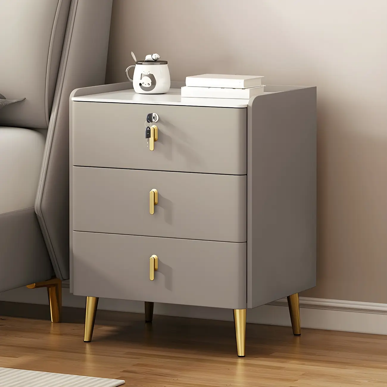 Modern Faux Leather 3 Drawers Nightstand with Stone Top Image - 6 | homeyfad