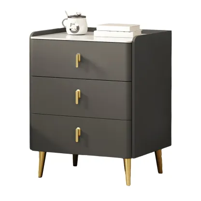 Modern Faux Leather 3 Drawers Nightstand with Stone Top Image - 16