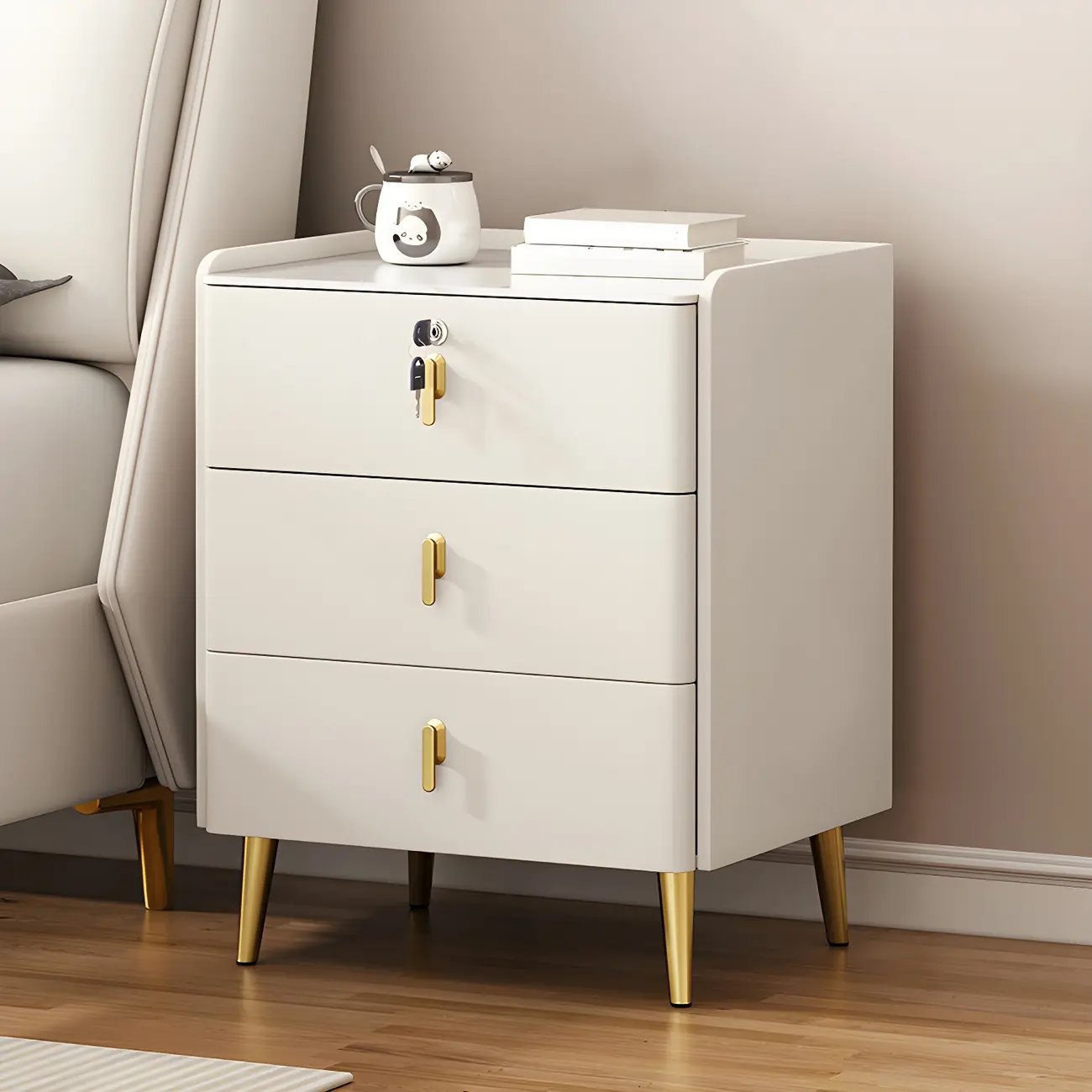 Modern Faux Leather 3 Drawers Nightstand with Stone Top Image - 8 | homeyfad