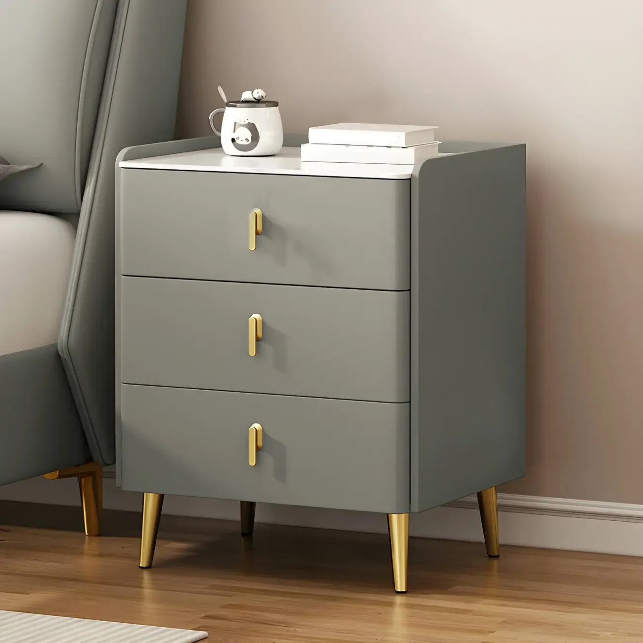 Modern Faux Leather 3 Drawers Nightstand with Stone Top Image - 3