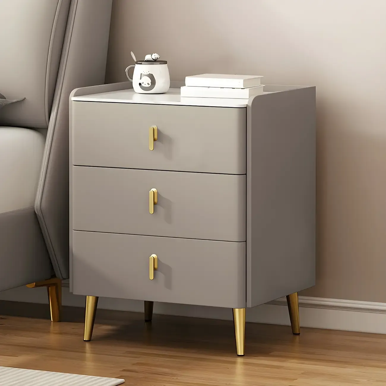 Modern Faux Leather 3 Drawers Nightstand with Stone Top Image - 1