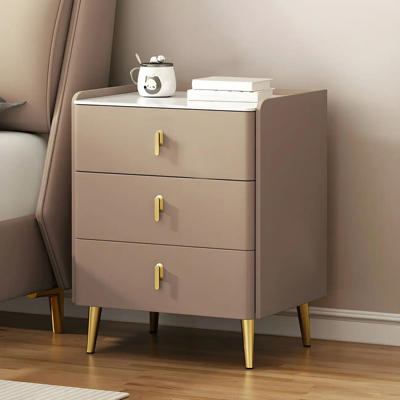 Modern Faux Leather 3 Drawers Nightstand with Stone Top Image - 4