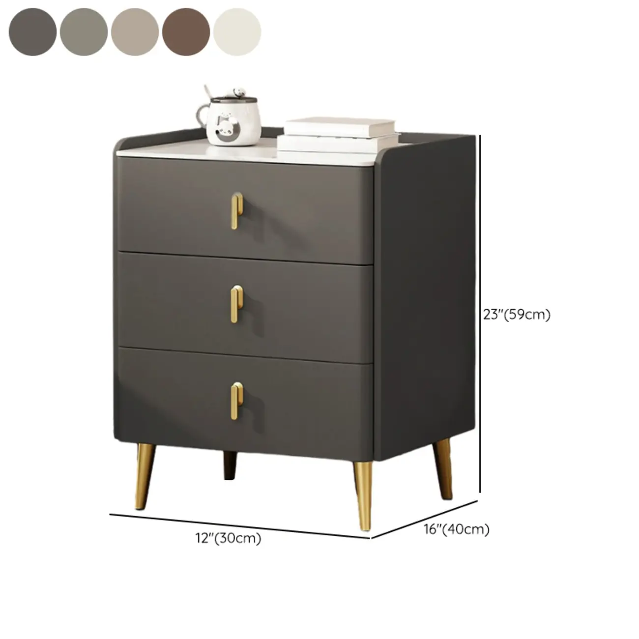 Modern Faux Leather 3 Drawers Nightstand with Stone Top #size | homeyfad