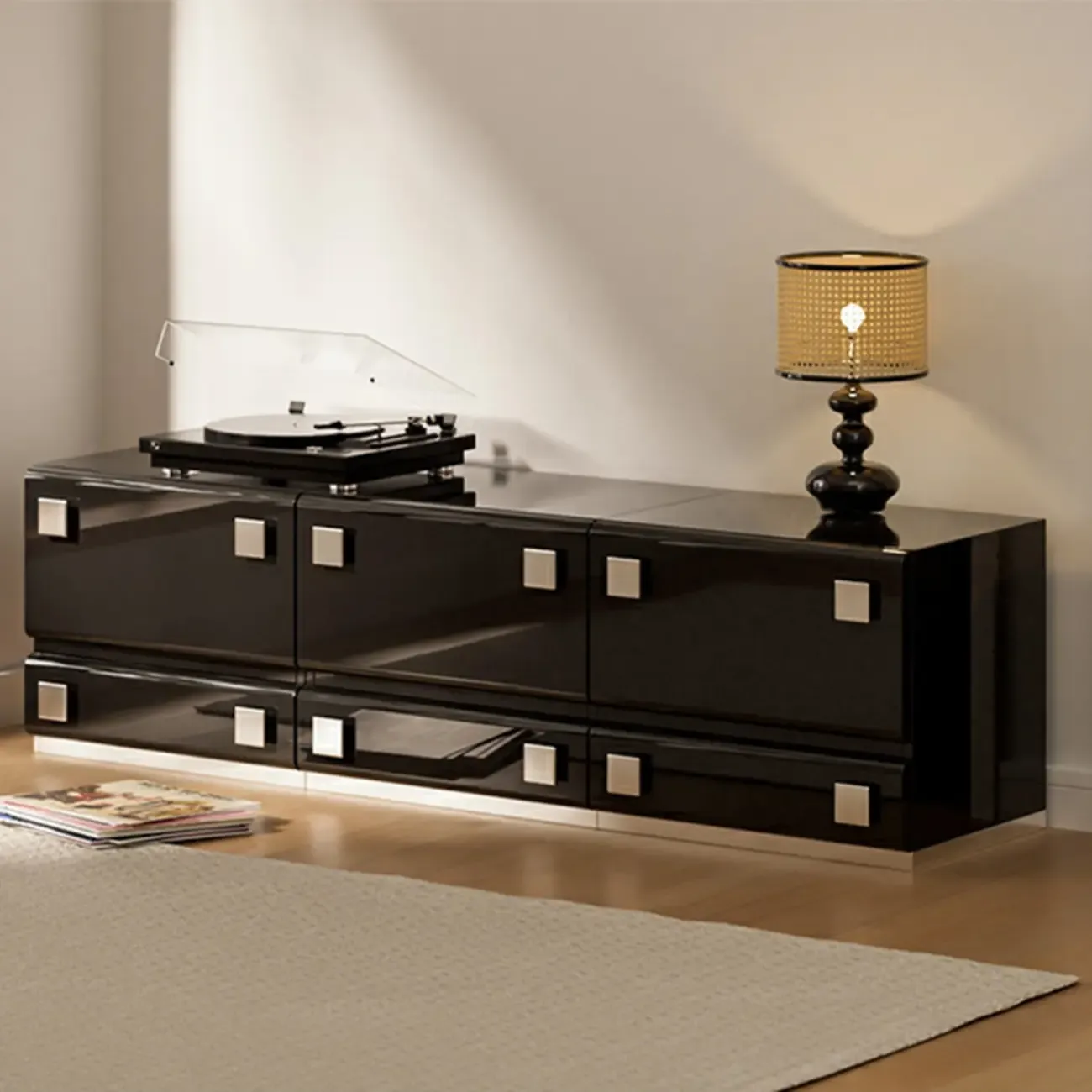 Modern Glossy Wood Metal 2-Drawer Nightstand Image - 5