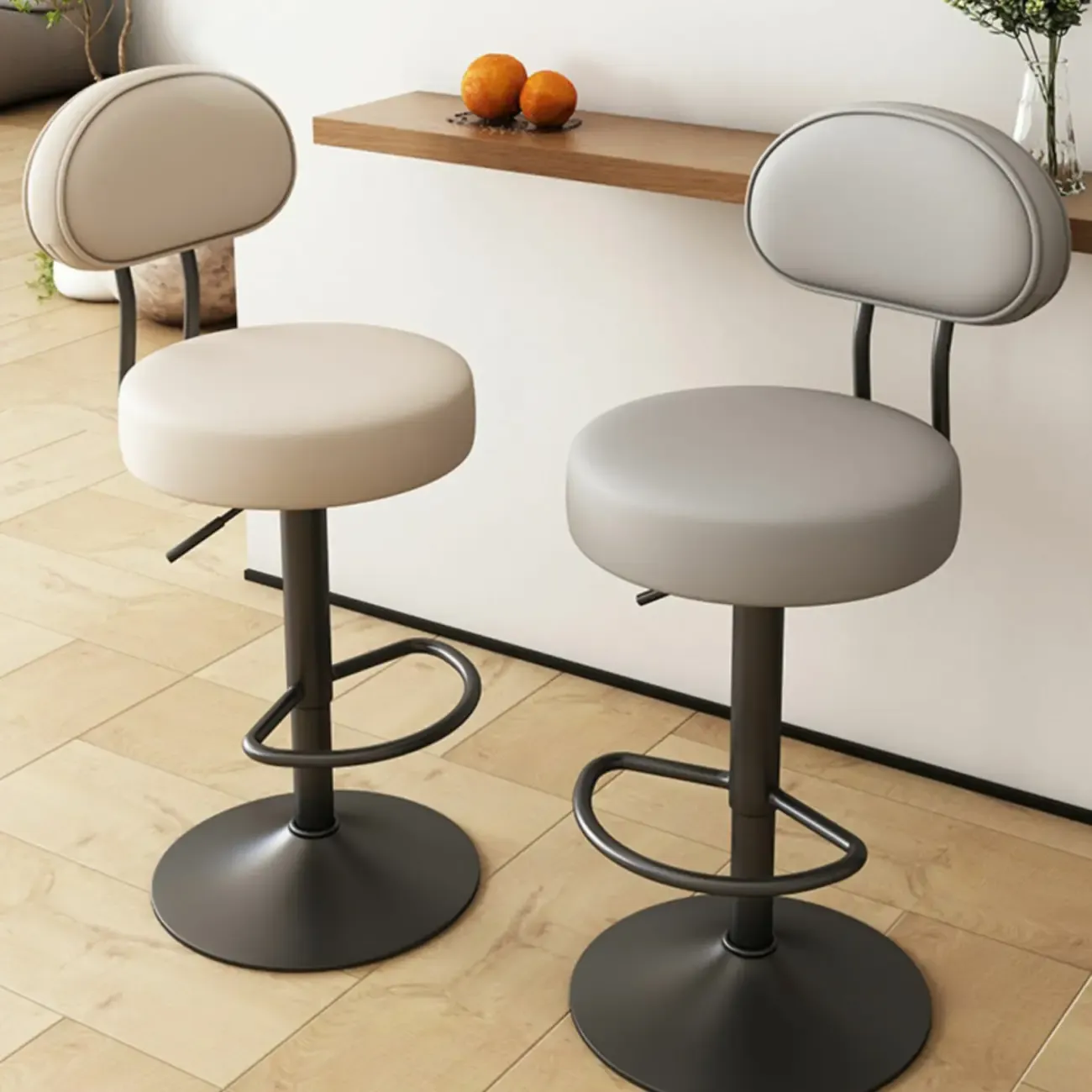 Round Adjustable Faux Leather Bar Stools with Back Image - 5