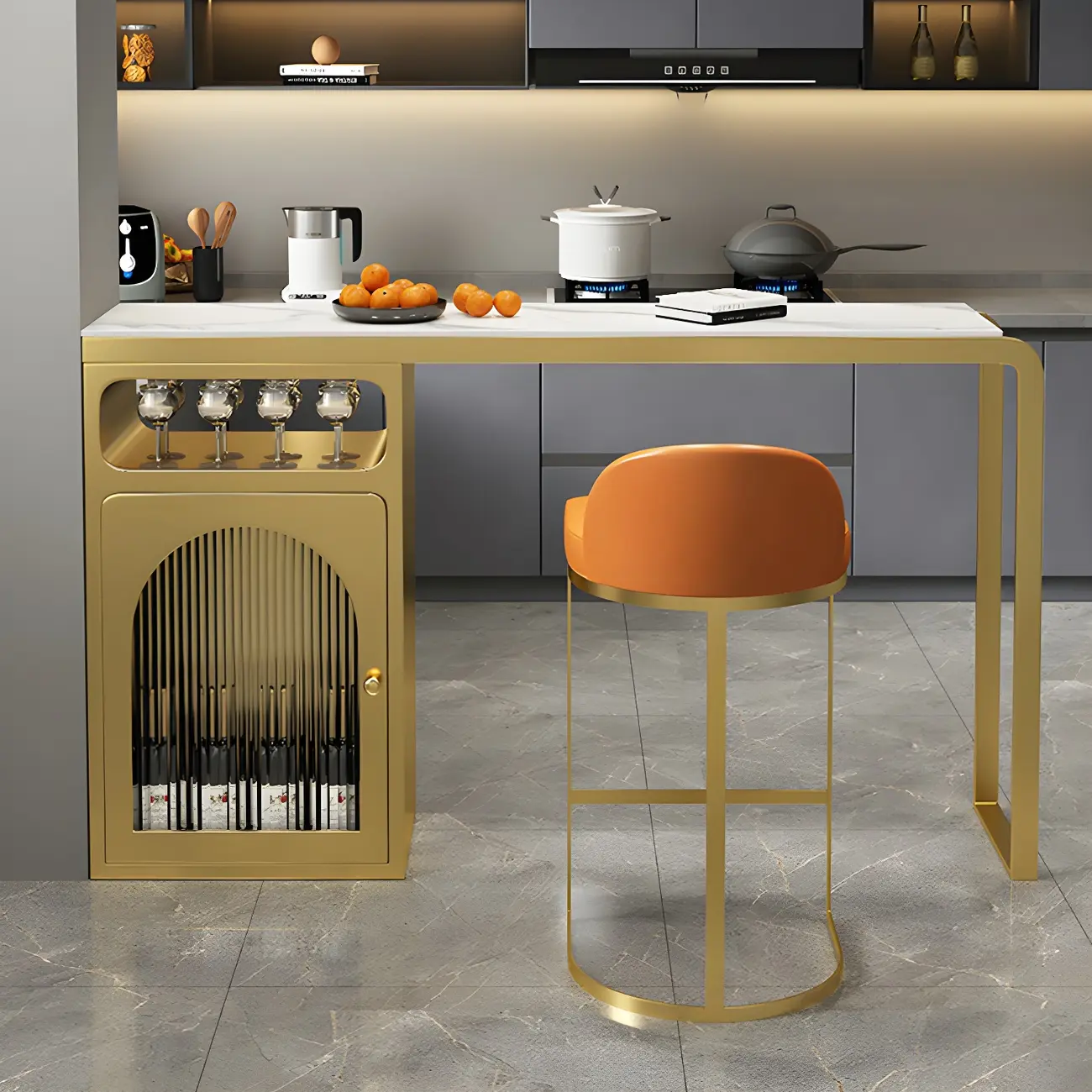 Modern White-Gold Stone Metal Wine Storage Kitchen Bar Tables Image - 1 | homeyfad