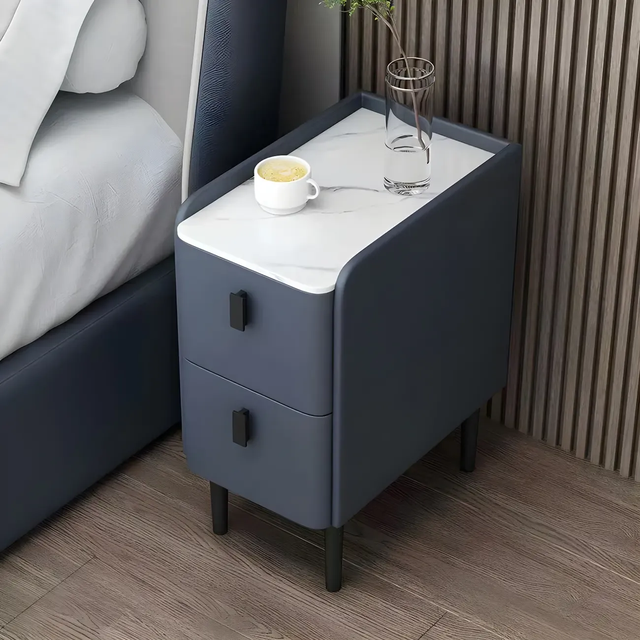 Contemporary Wood Stone Top 2-Drawer Nightstand Image - 1