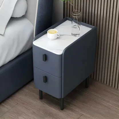 Contemporary Wood Stone Top 2-Drawer Nightstand Image - 1