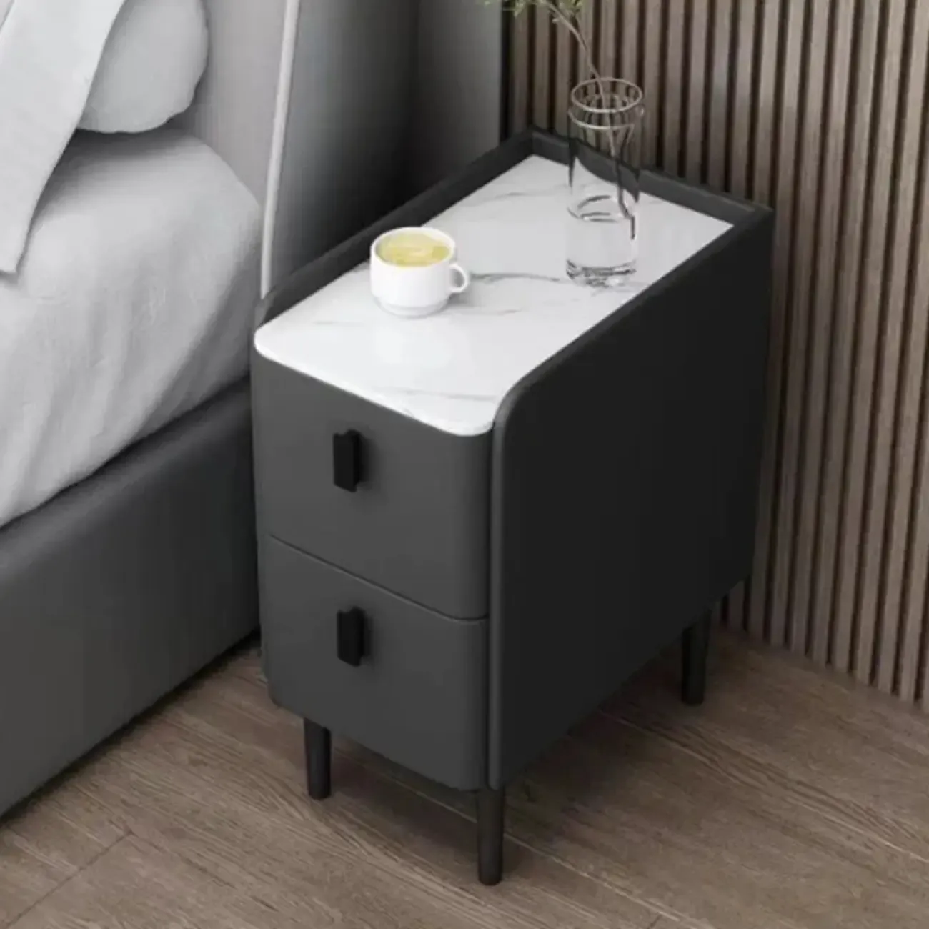Contemporary Wood Stone Top 2-Drawer Nightstand Image - 2