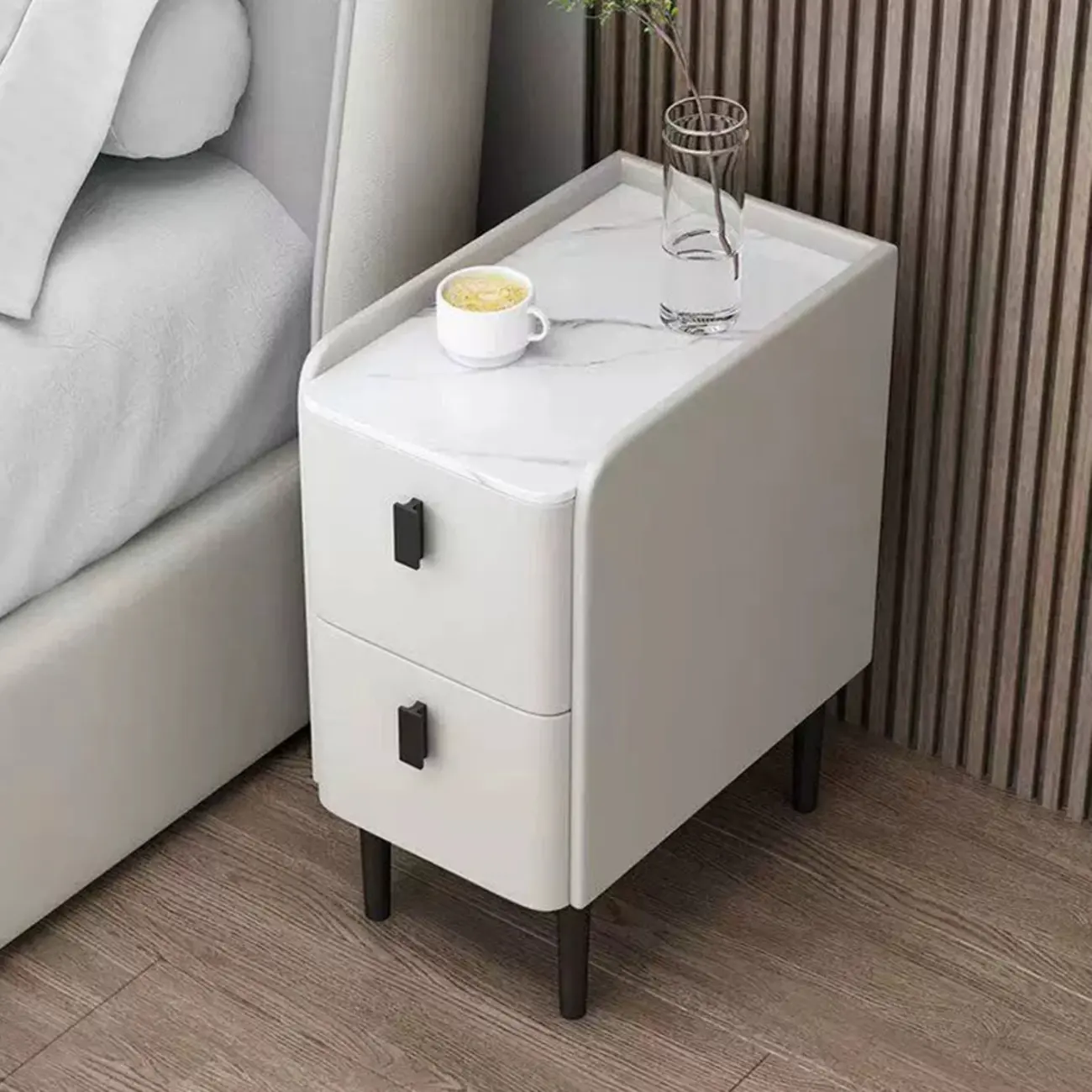 Contemporary Wood Stone Top 2-Drawer Nightstand Image - 5 | homeyfad