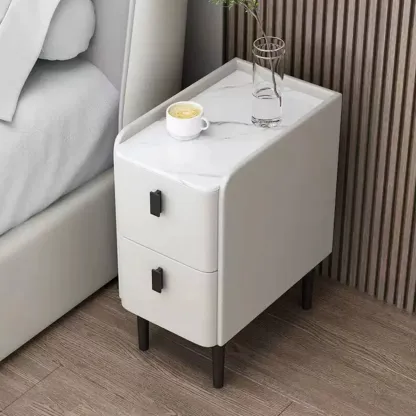 Contemporary Wood Stone Top 2-Drawer Nightstand Image - 5