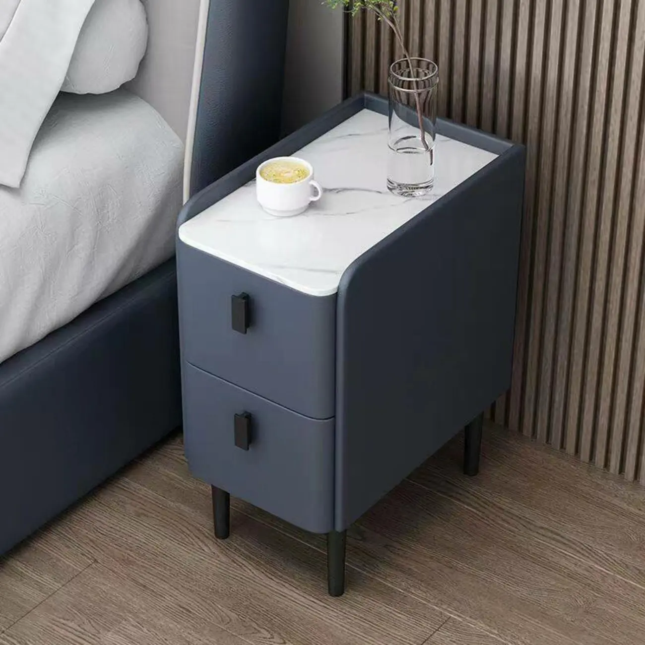 Contemporary Wood Stone Top 2-Drawer Nightstand Image - 7 | homeyfad