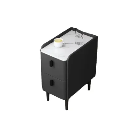 Contemporary Wood Stone Top 2-Drawer Nightstand Image - 9
