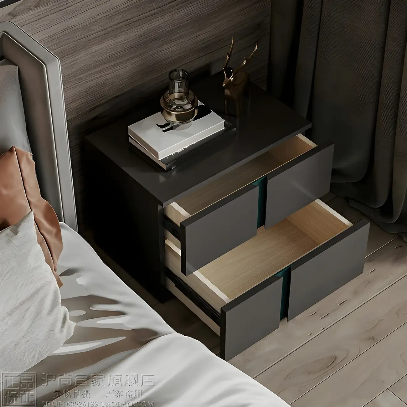 Modern Handle Free Brown Wood 2-Drawer Nightstand Image - 5