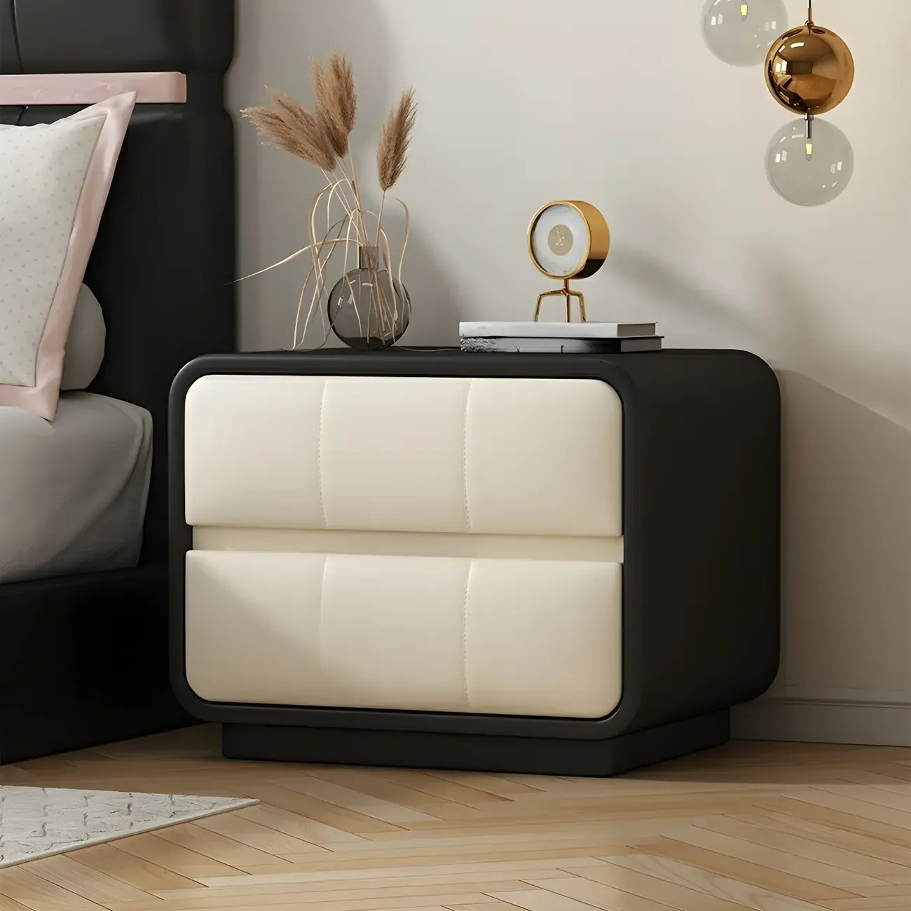 Modern Leather Wood Soft-Line 2 Drawer Nightstand Image - 2